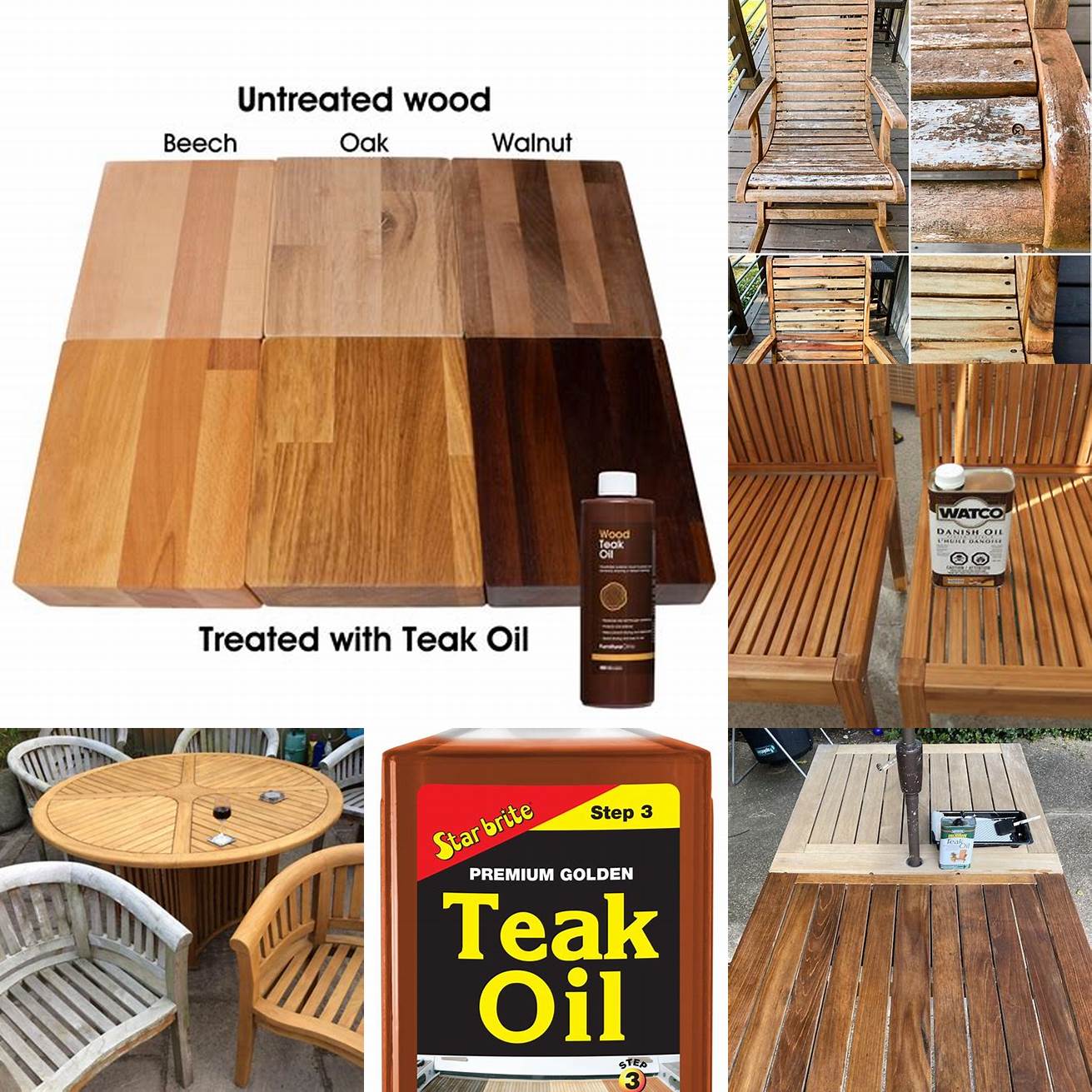 Photos of the different colors of teak oil