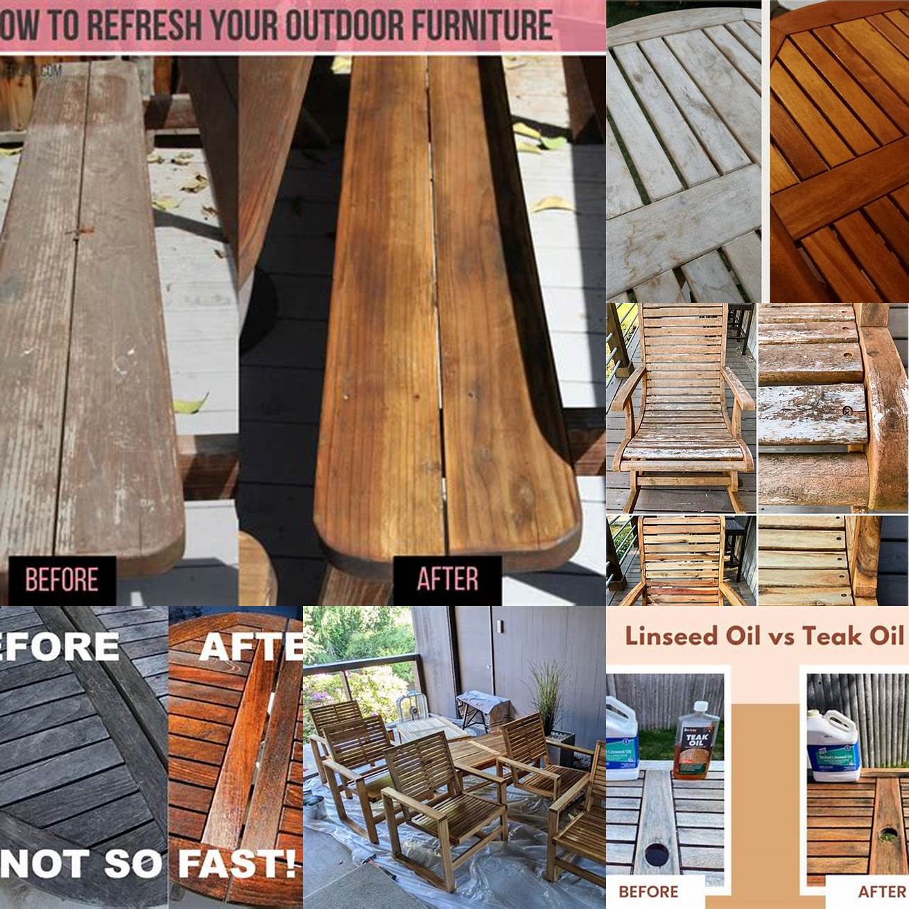 Picture of a before and after of teak oil application