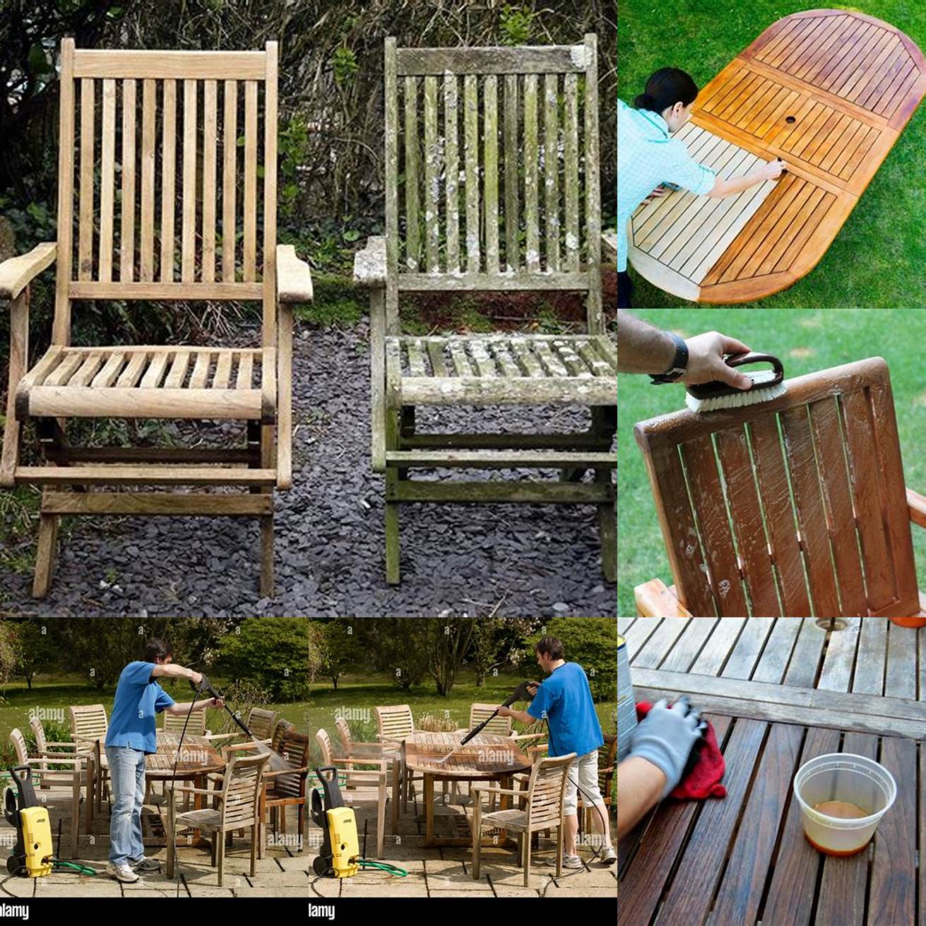 Picture of a person cleaning a teak garden furniture set