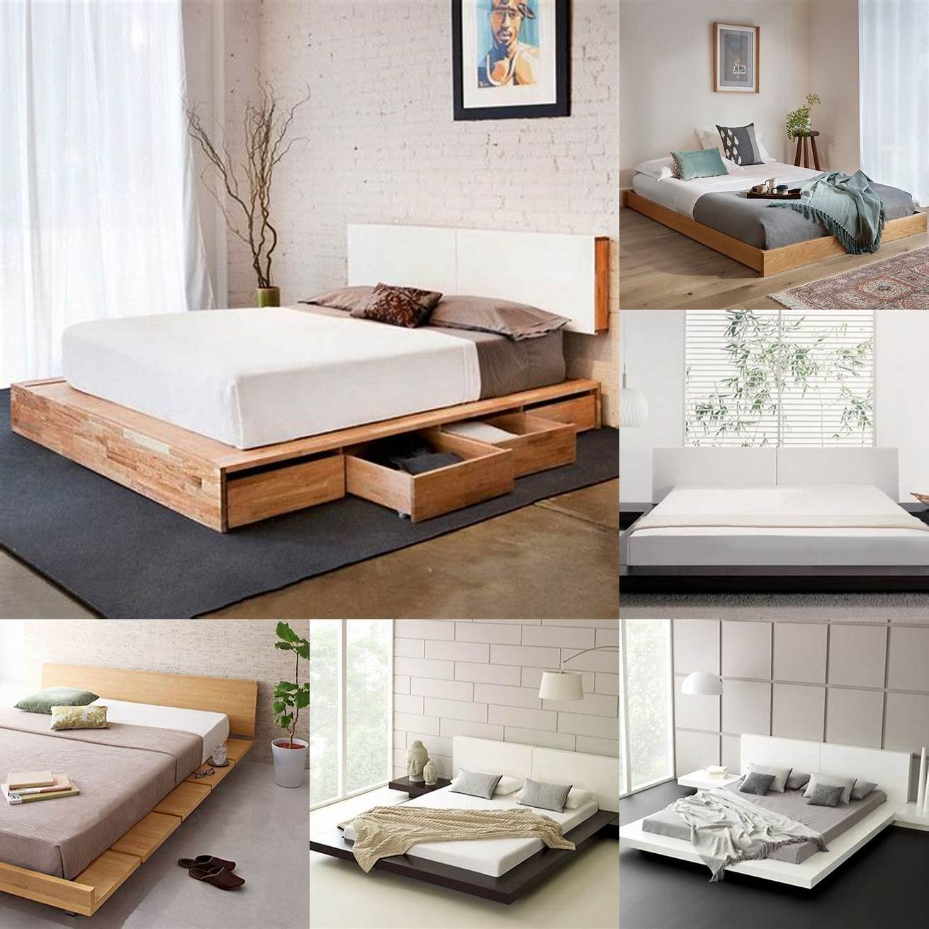 Platform bed - features a simple minimalist design with a low profile