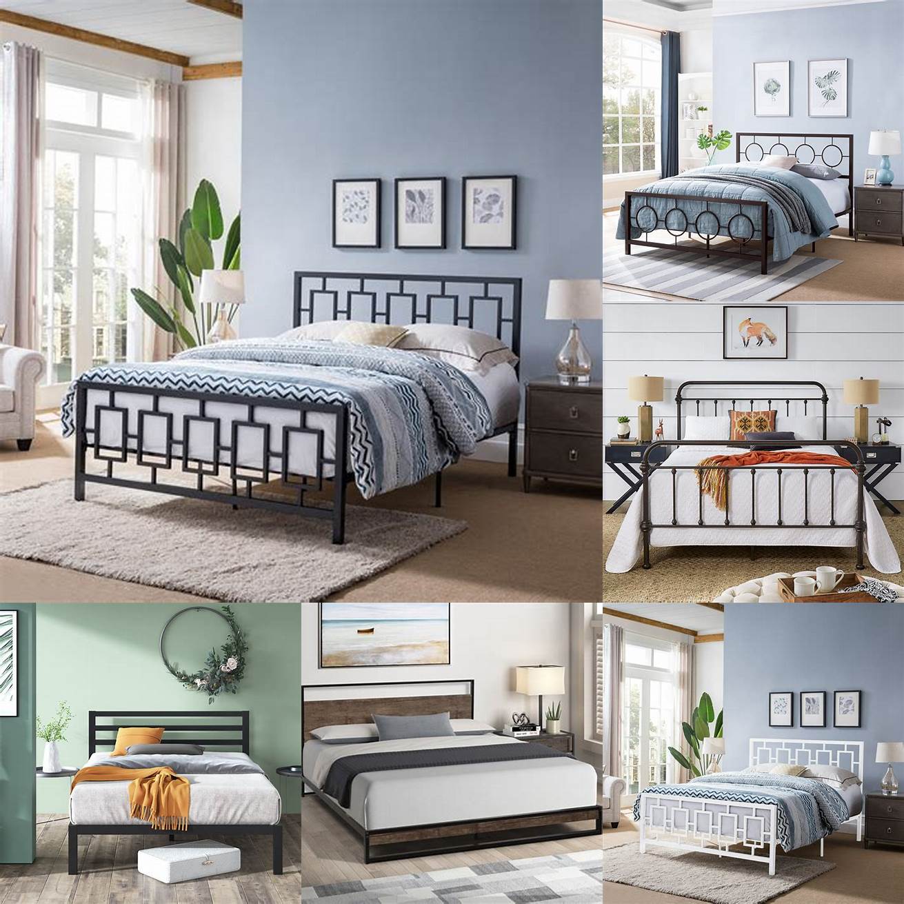Platform iron bed frame queen with neutral bedding and geometric decor