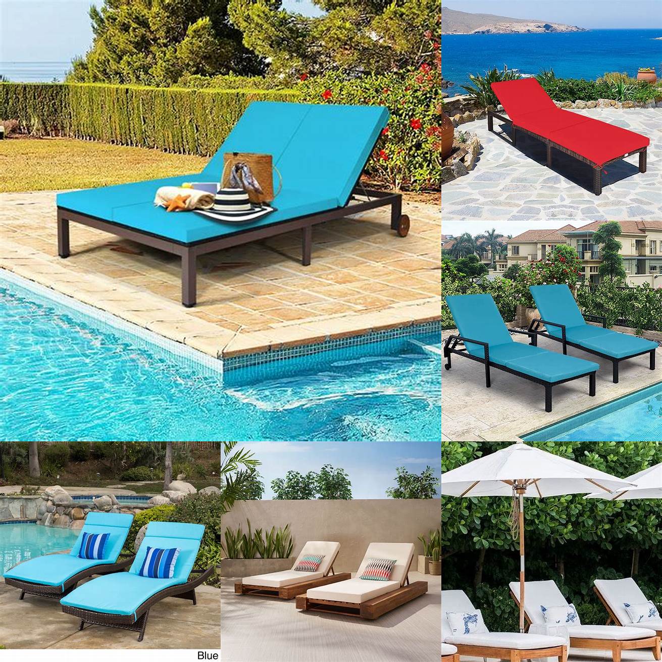 Poolside lounge chairs with colorful cushions