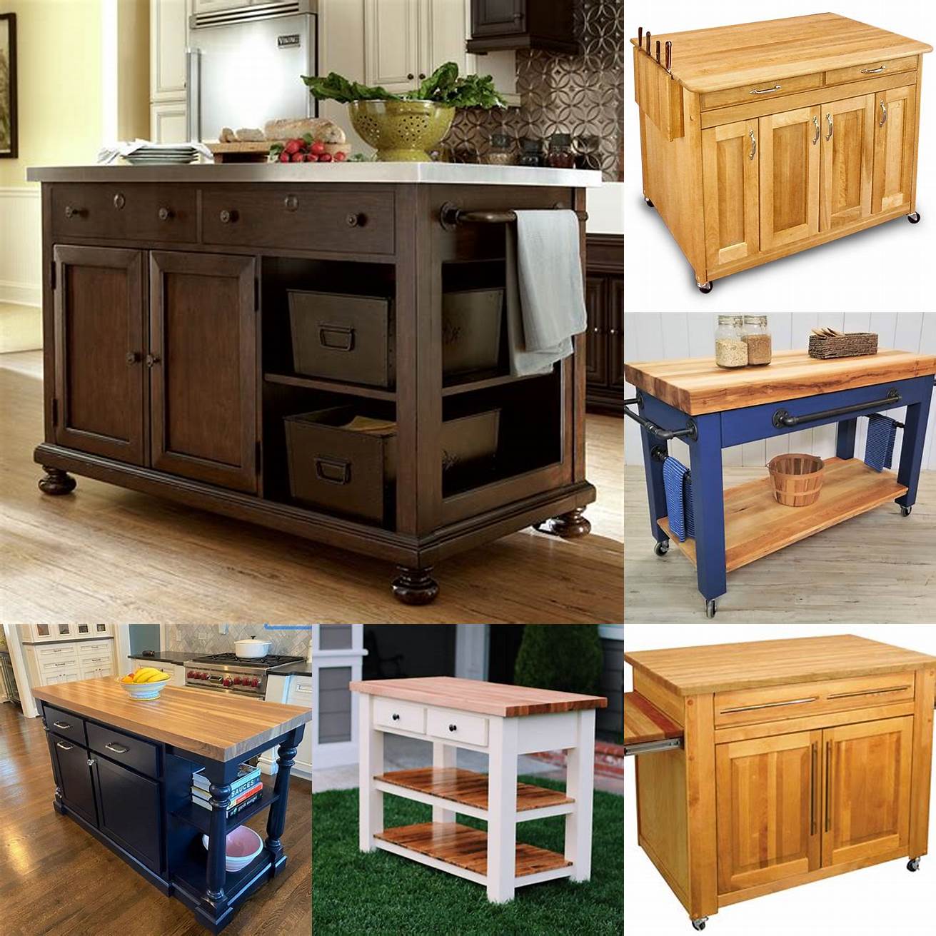 Portable kitchen island with butcher block top and open storage shelves