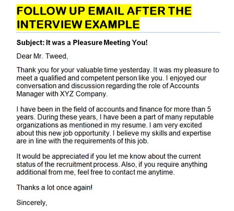 Post Interview Follow Up Email Template