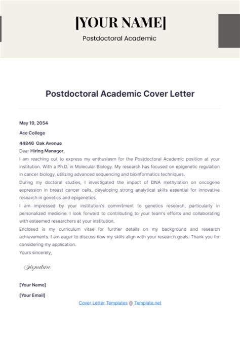 Postdoctoral Cover Letter Template