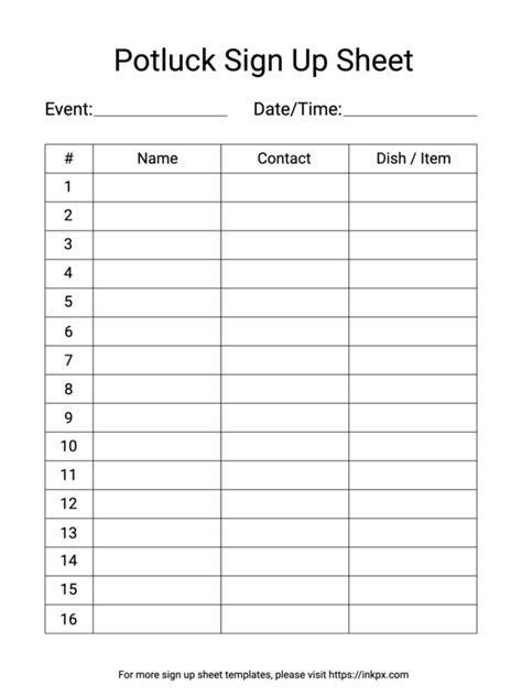 Pot Luck Sign Up Sheet Template