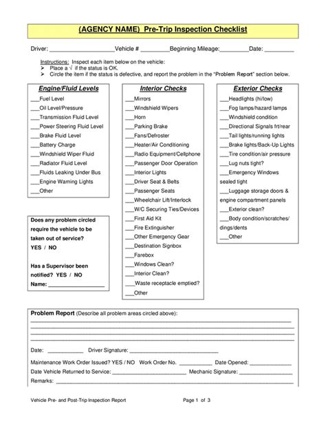 Pre Trip Inspection Checklist Template