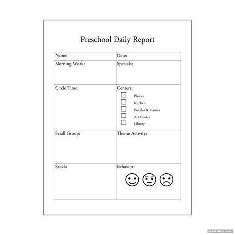 Preschool Daily Report Template Free