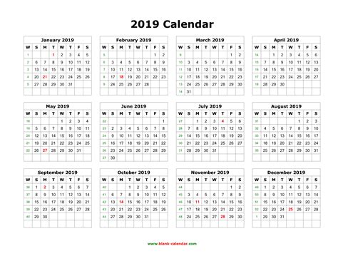 Printable 12 Month Calendar 2019 On One Page