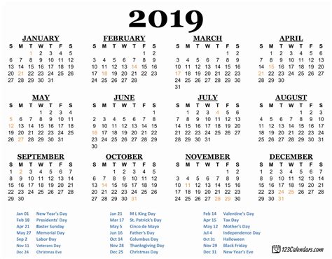 Printable 2019 Calendar Usa Transparent Background With White Font Color