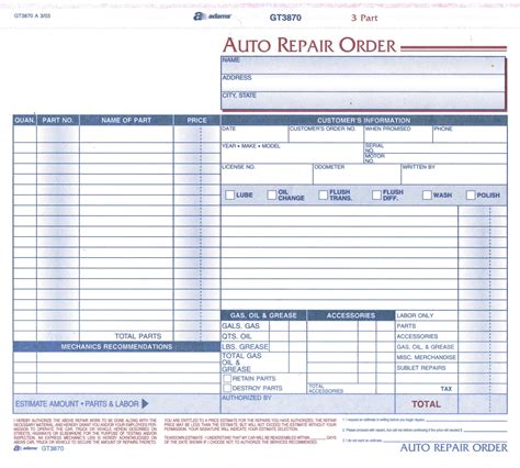 Printable Auto Repair Work Order Template