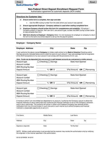 Printable Bank Of America Direct Deposit Form