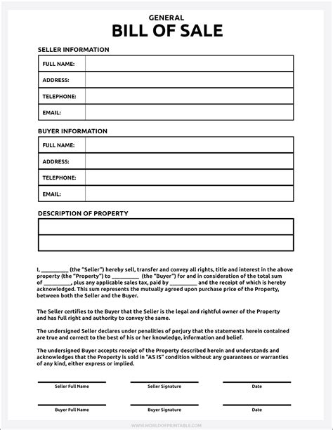 Printable Bill Of Sales