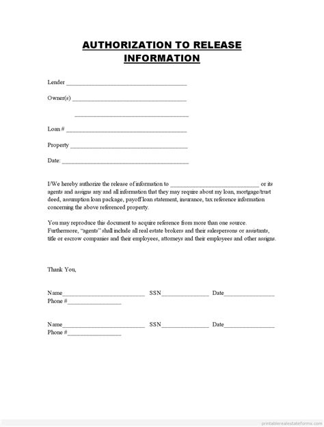 Printable Blank Authorization To Release Information Form