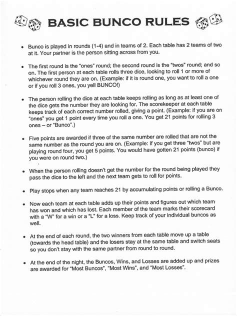 Printable Bunco Rules