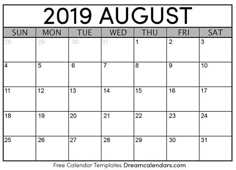Printable Calendar August 2019
