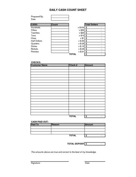 Printable Cash Count Sheet