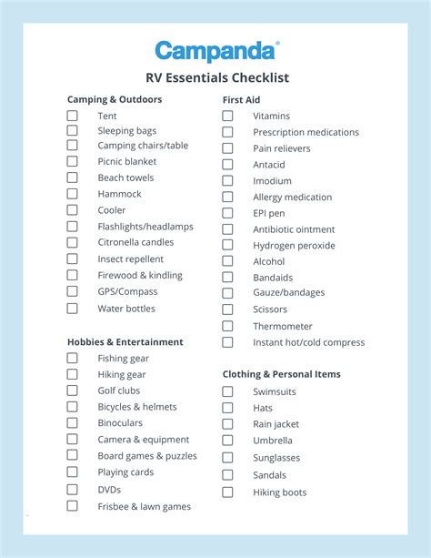 Printable Checklist For Rv Camping