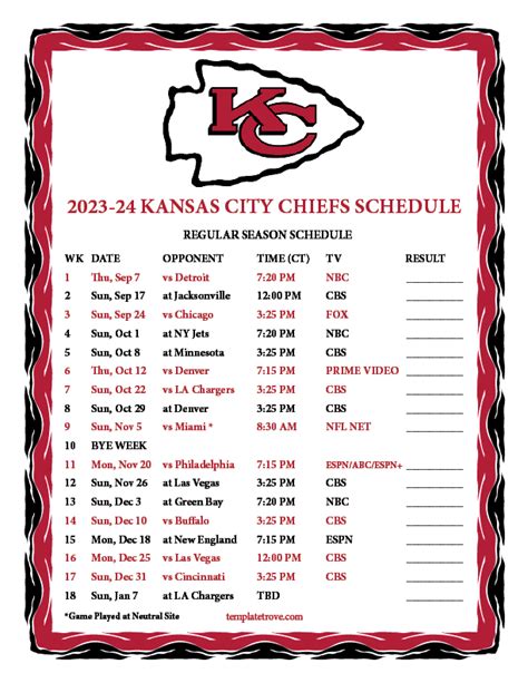 Printable Chiefs Schedule