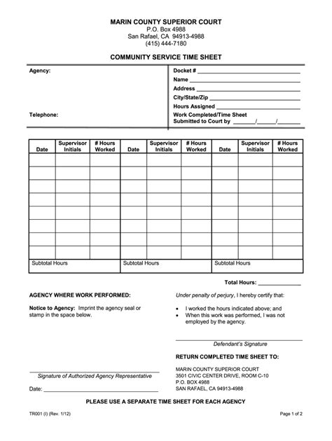 Printable Court Ordered Community Service Hours Log Sheet