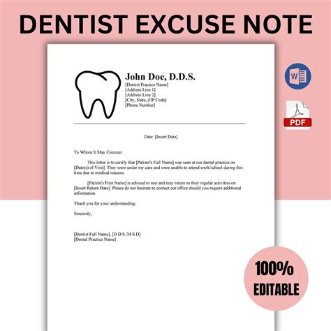 Printable Dentist Note For Work