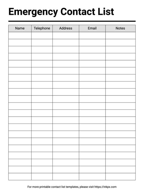 Printable Emergency Contact List