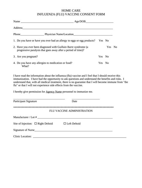 Printable Flu Vaccine Consent Form Template