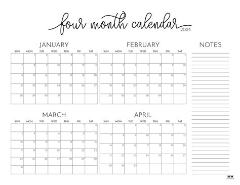 Printable Four Month Calendar