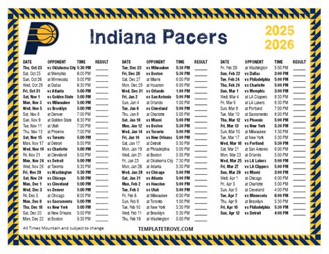 Printable Indiana Pacers Schedule