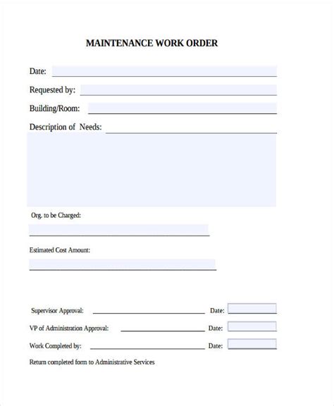 Printable Maintenance Work Order Template