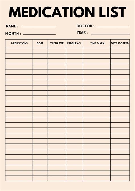 Printable Medication List Template Free