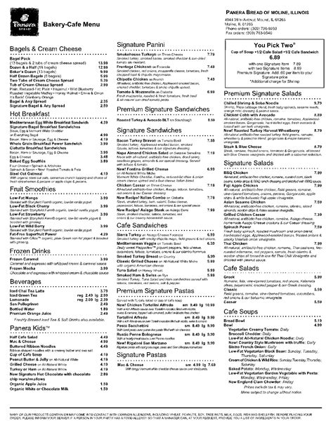Printable Menu Panera