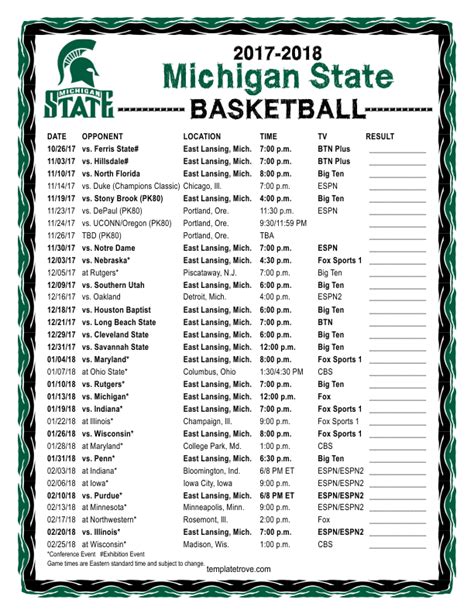 Printable Michigan State Basketball Schedule