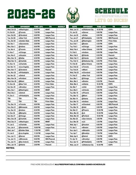 Printable Milwaukee Bucks Schedule