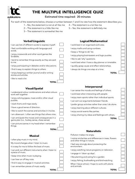 Printable Multiple Intelligence Test For Adults