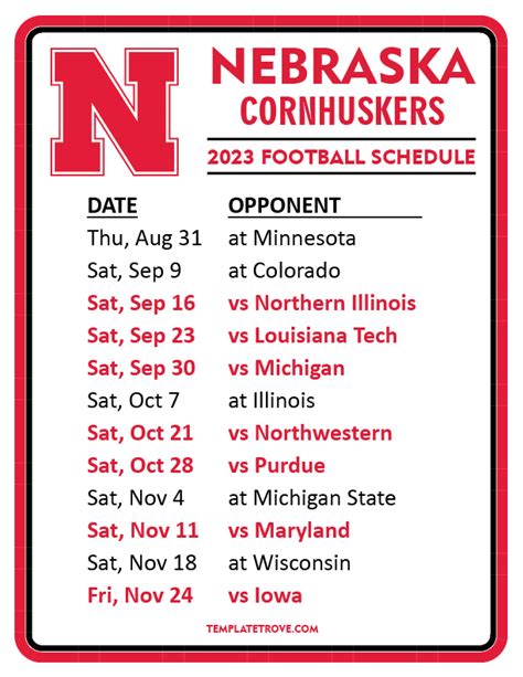 Printable Nebraska Football Schedule