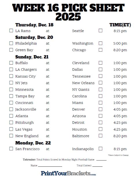 Printable Nfl Schedule Week 16