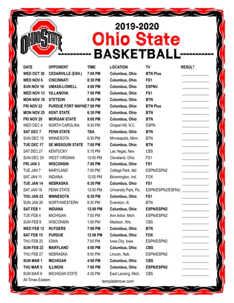 Printable Ohio State Basketball Schedule