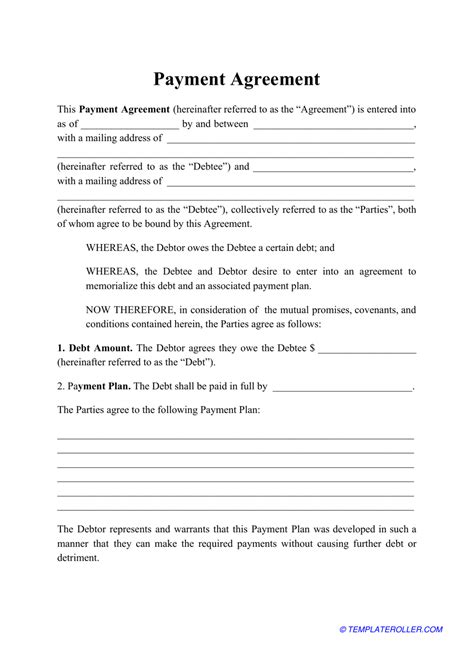 Printable Payment Agreement Form
