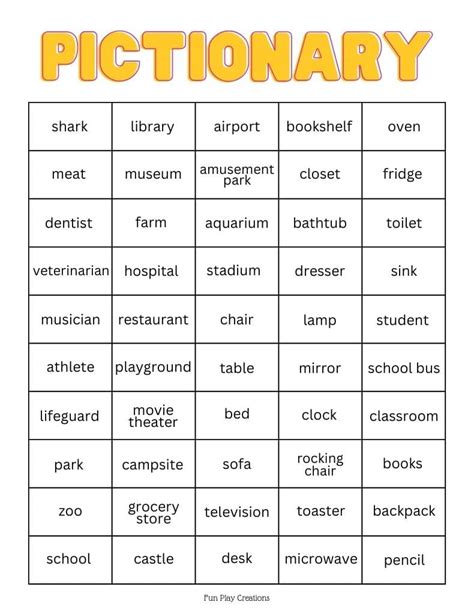 Printable Pictionary Cards