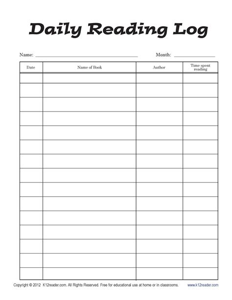 Printable Reading Log Template
