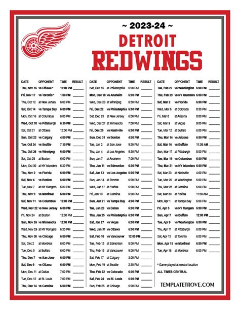 Printable Red Wings Schedule