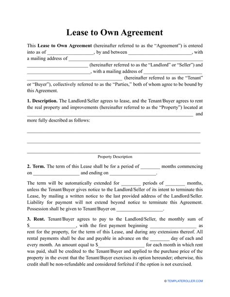Printable Rent To Own Agreement