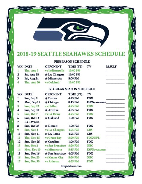 Printable Seattle Seahawks Schedule