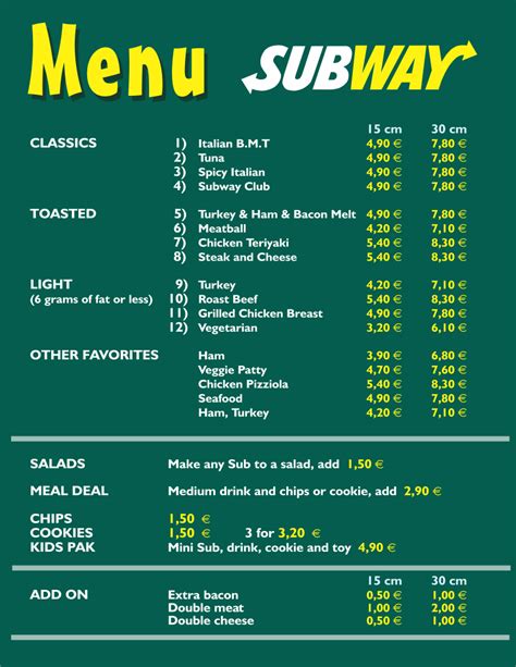 Printable Subway Menu