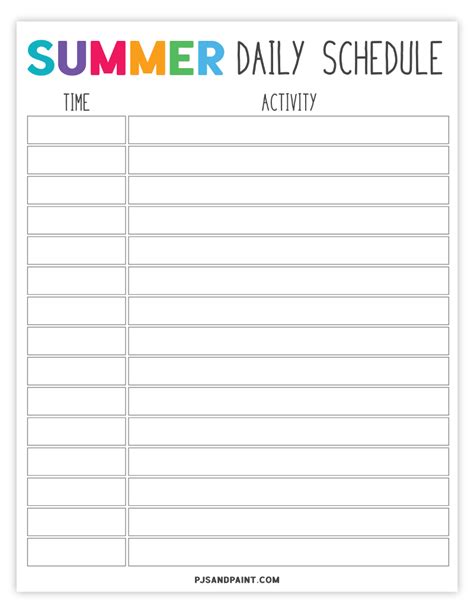 Printable Summer Daily Schedule Template
