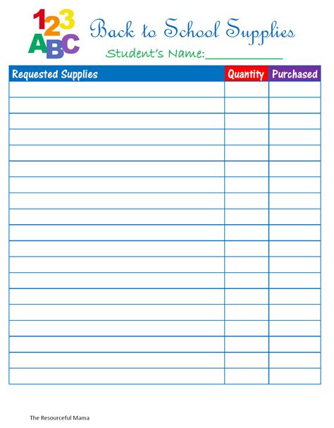 Printable Supply List Template
