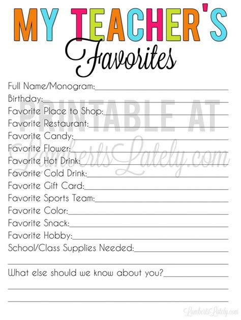 Printable Teacher Favorite Things Form