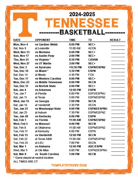 Printable Tennessee Basketball Schedule