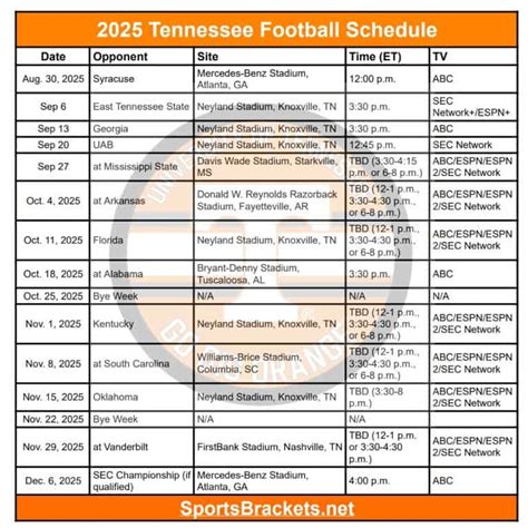Printable Tennessee Vols Football Schedule